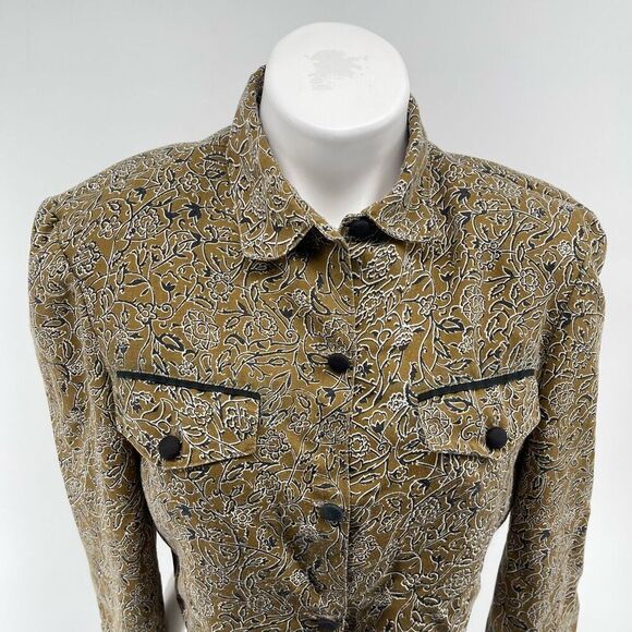 Vintage Olive Green Cropped Shirt Jacket M Floral Paisley Button Front Light - Picture 6 of 16